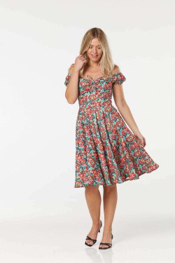 Robe rockabilly à fleurs vert années 50 femme