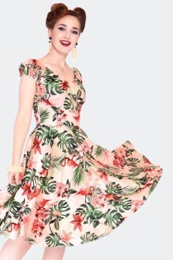 Robe rockabilly à flamant rose rose années 50 femme