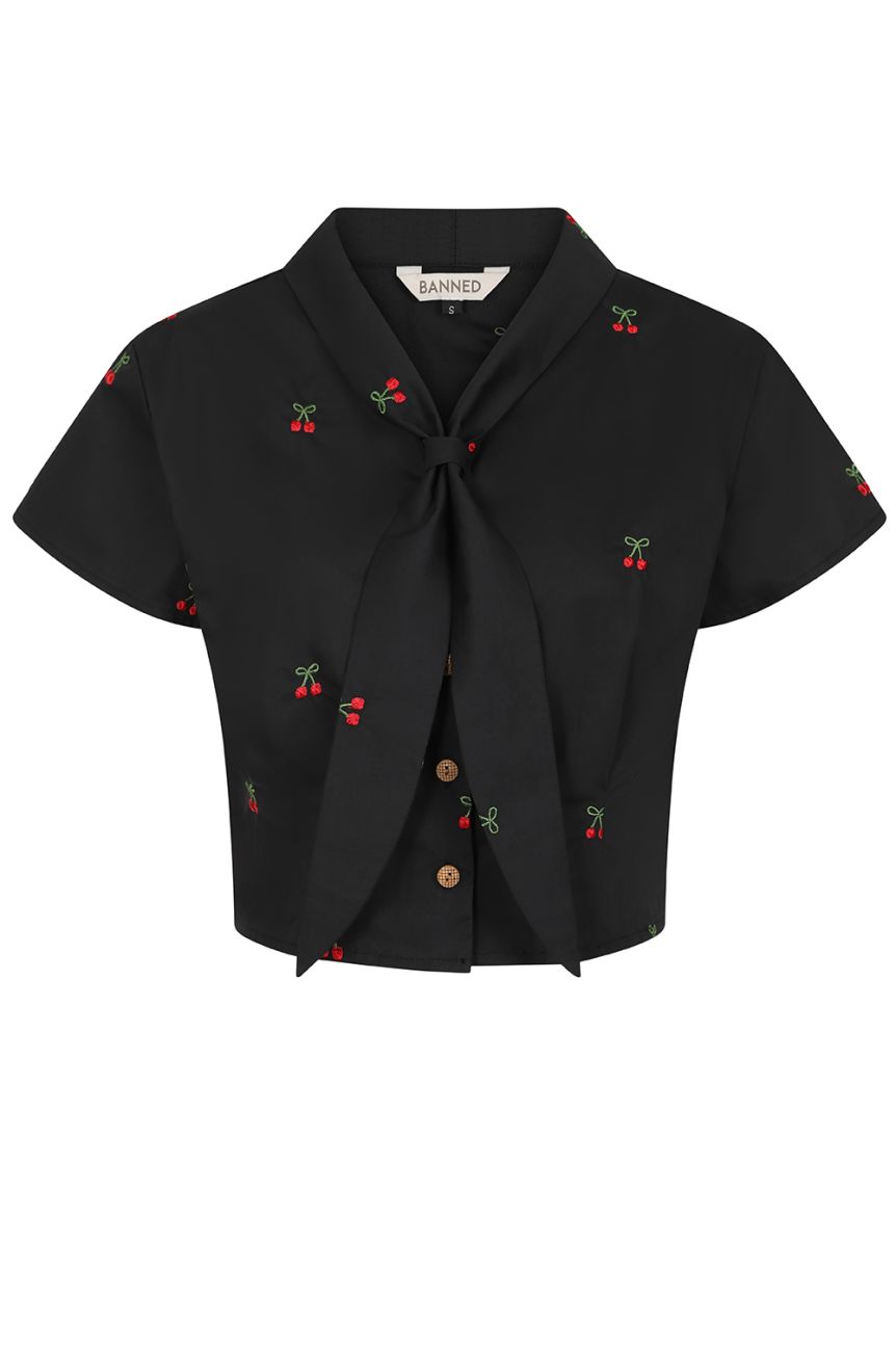 Blouse retro noire imprimé cerise