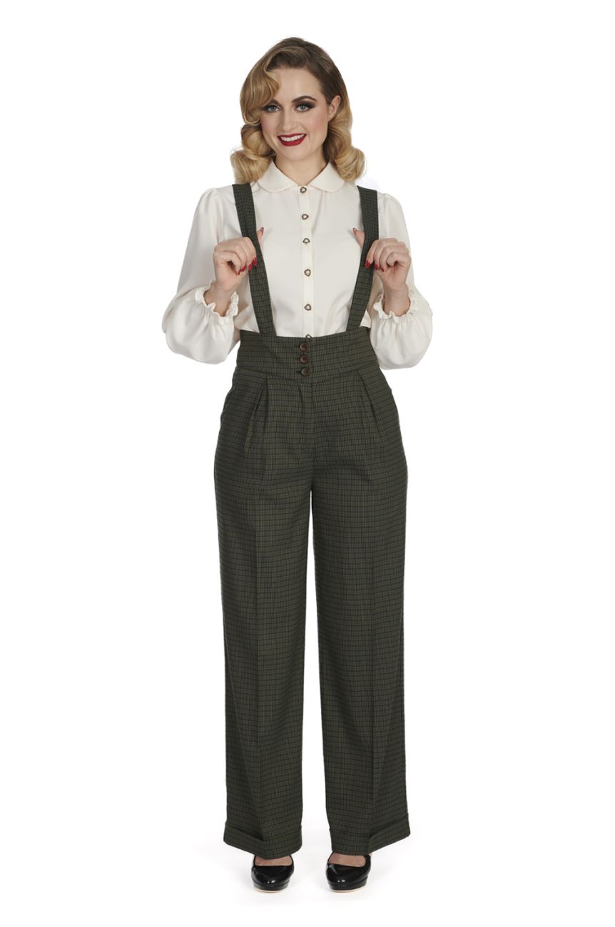 Pantalon vert vintage à bretelles croisées