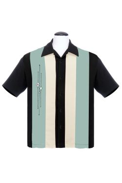 Chemise rockabilly panneaux tricolores noir vert beige broderie geometrique
