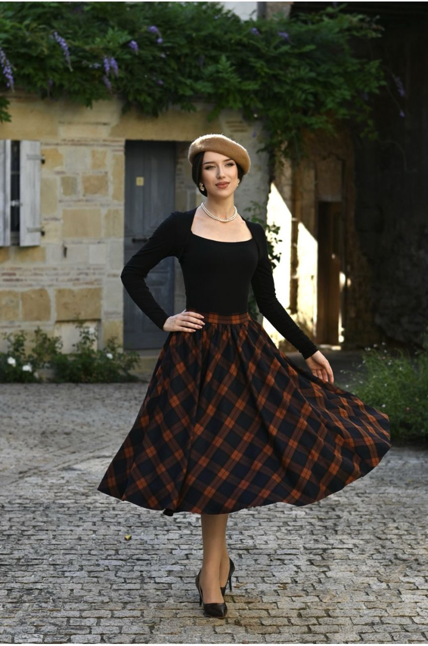 Jupe taille haute swing a carreaux marron