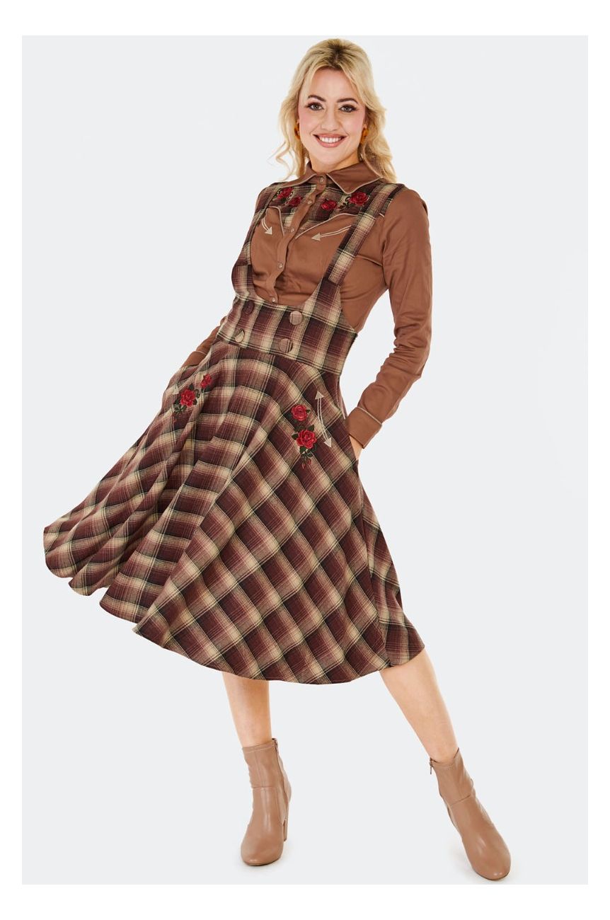 Jupe a bretelles carreaux marron style retro
