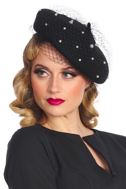 Béret retro noir perles et voilette
