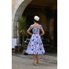 Dos robe swing fleurie bleue encolure carrée jupe évasée style rétro