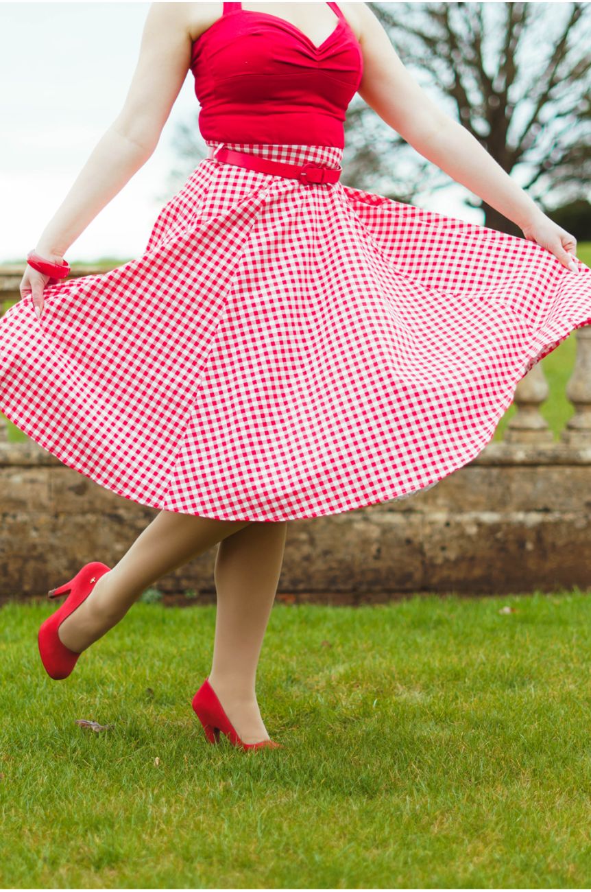 Jupe gingham rouge carreaux blanc midi swing retro annees 50 elegant