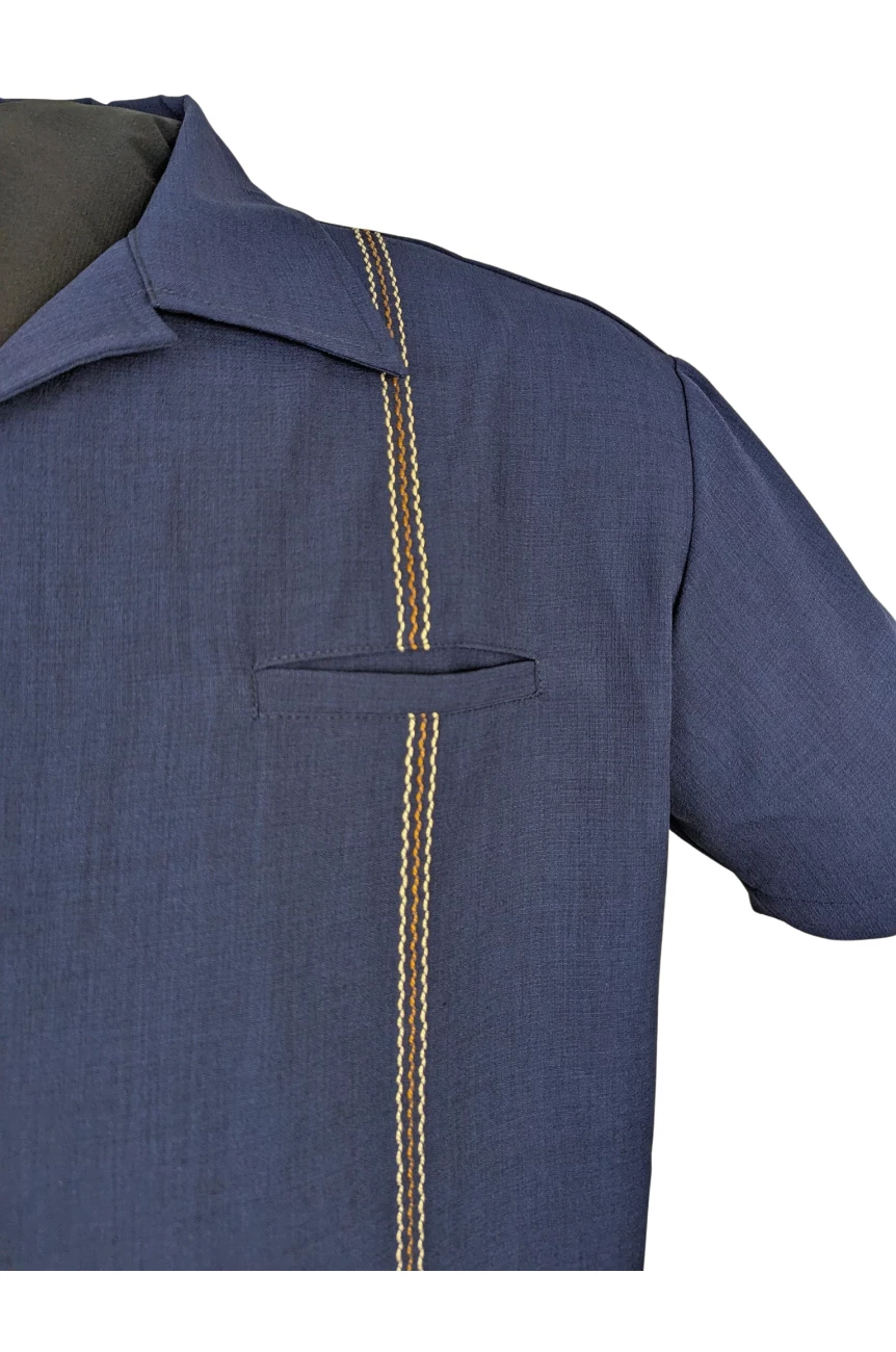 Chemise rockabilly navy bleu marine col ouvert surpiqures beiges elegant