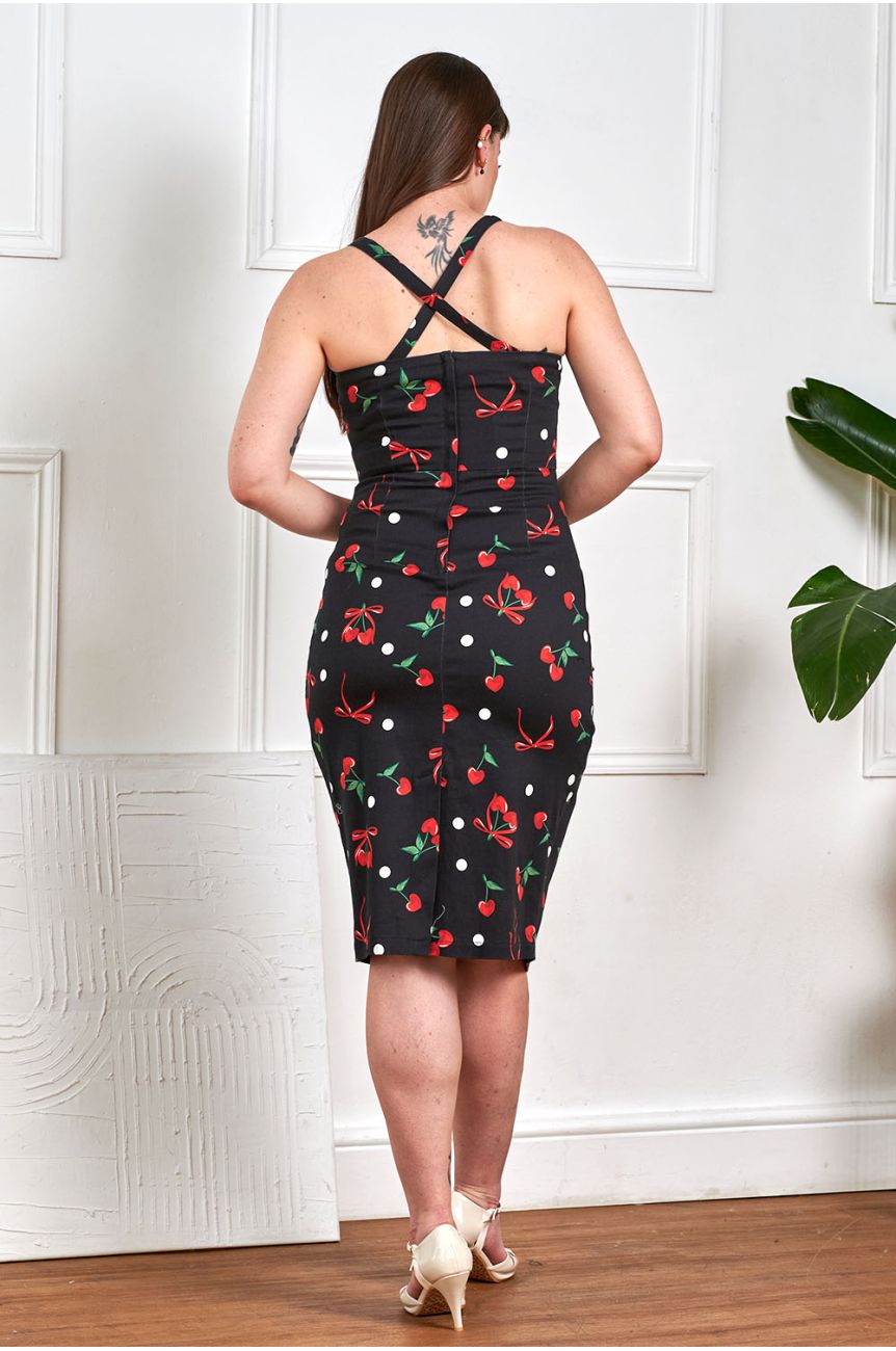 Robe rockabilly cerises noires bretelles croisees dos sexy vintage retro
