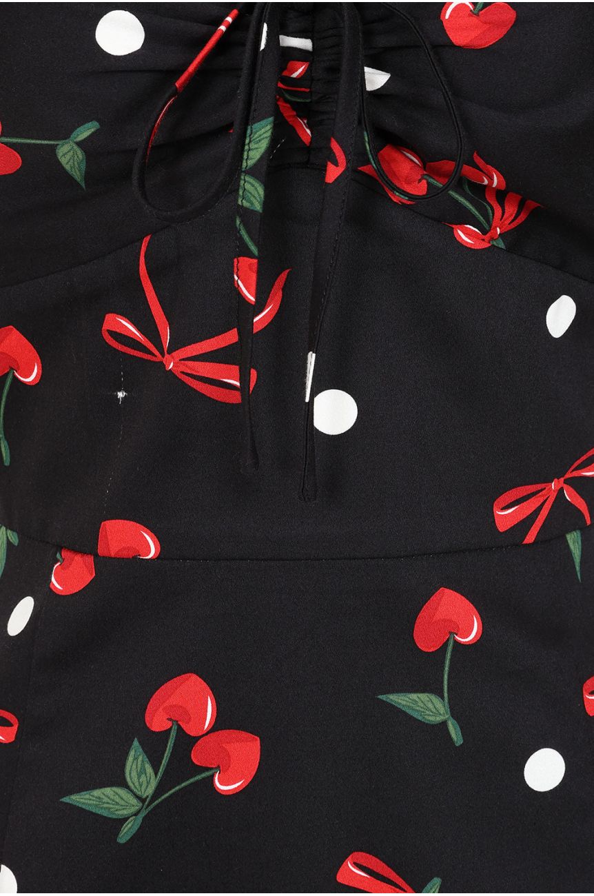 Robe Pin-Up Cerises Noire Pois Blancs - Dos Croise Rockabilly