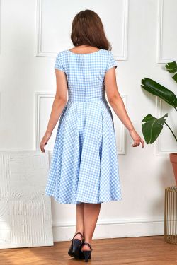 Robe gingham bleu ciel corset lacets manches courtes evasee retro