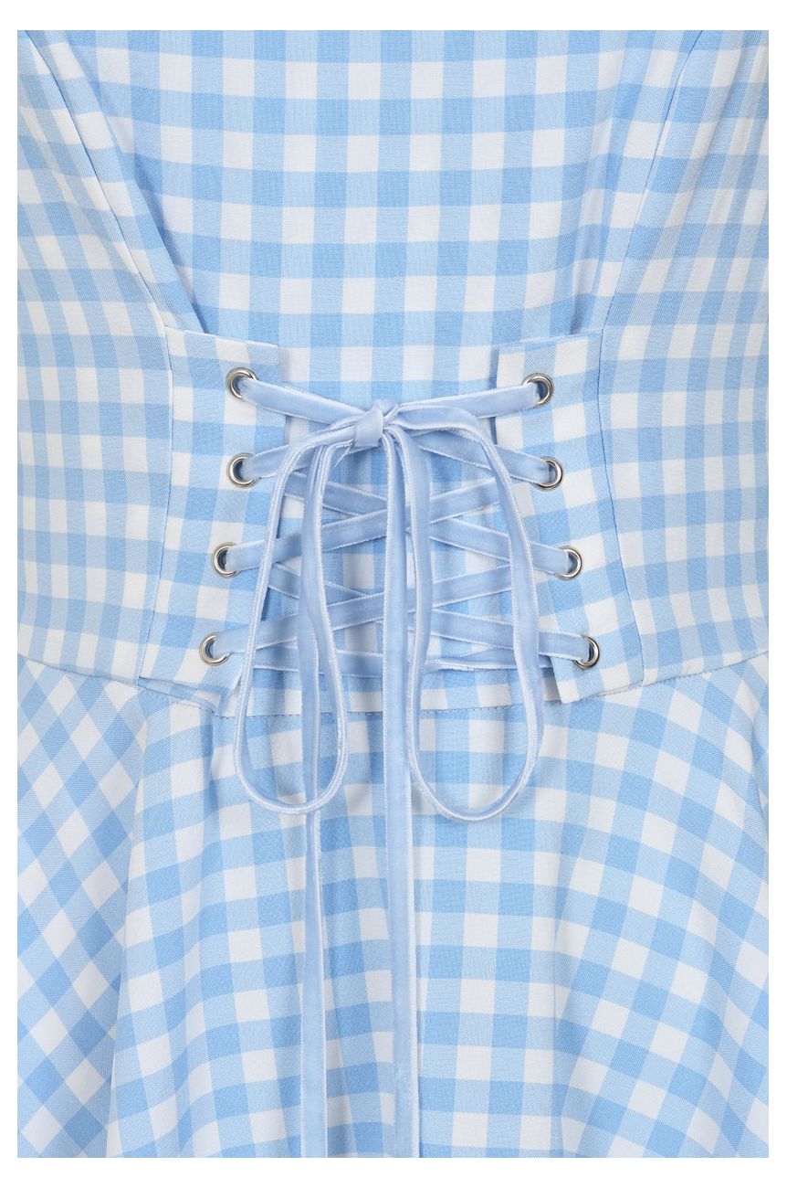 Robe pin-up carreaux bleu blanc lacets taille swing romantique champetre