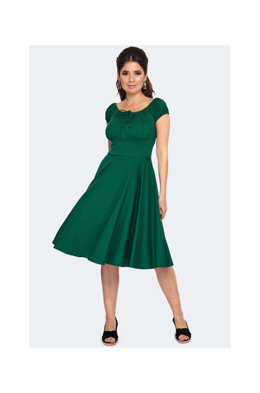 Robe vintage vert foret col fronce taille empire jupe circle elegant retro