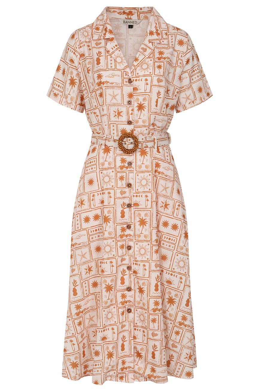 Robe pin-up tiki ananas palmiers beige orange ceinture midi annees 50 exotica
