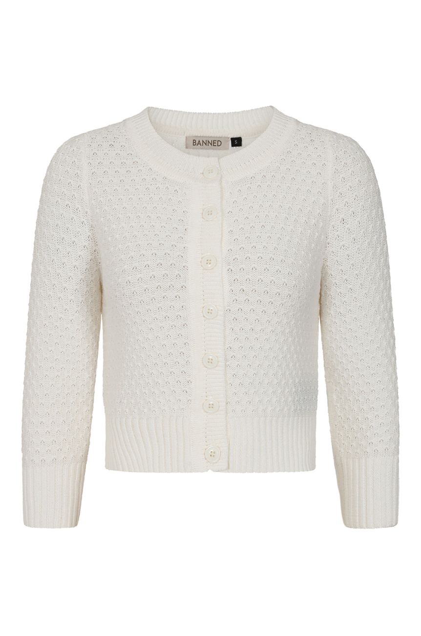 Cardigan vintage ivoire tricot fantaisie ajoure coton manches trois-quarts