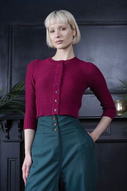 Cardigan court bordeaux tricot ajoure manches 3/4 boutons vintage pin-up coton