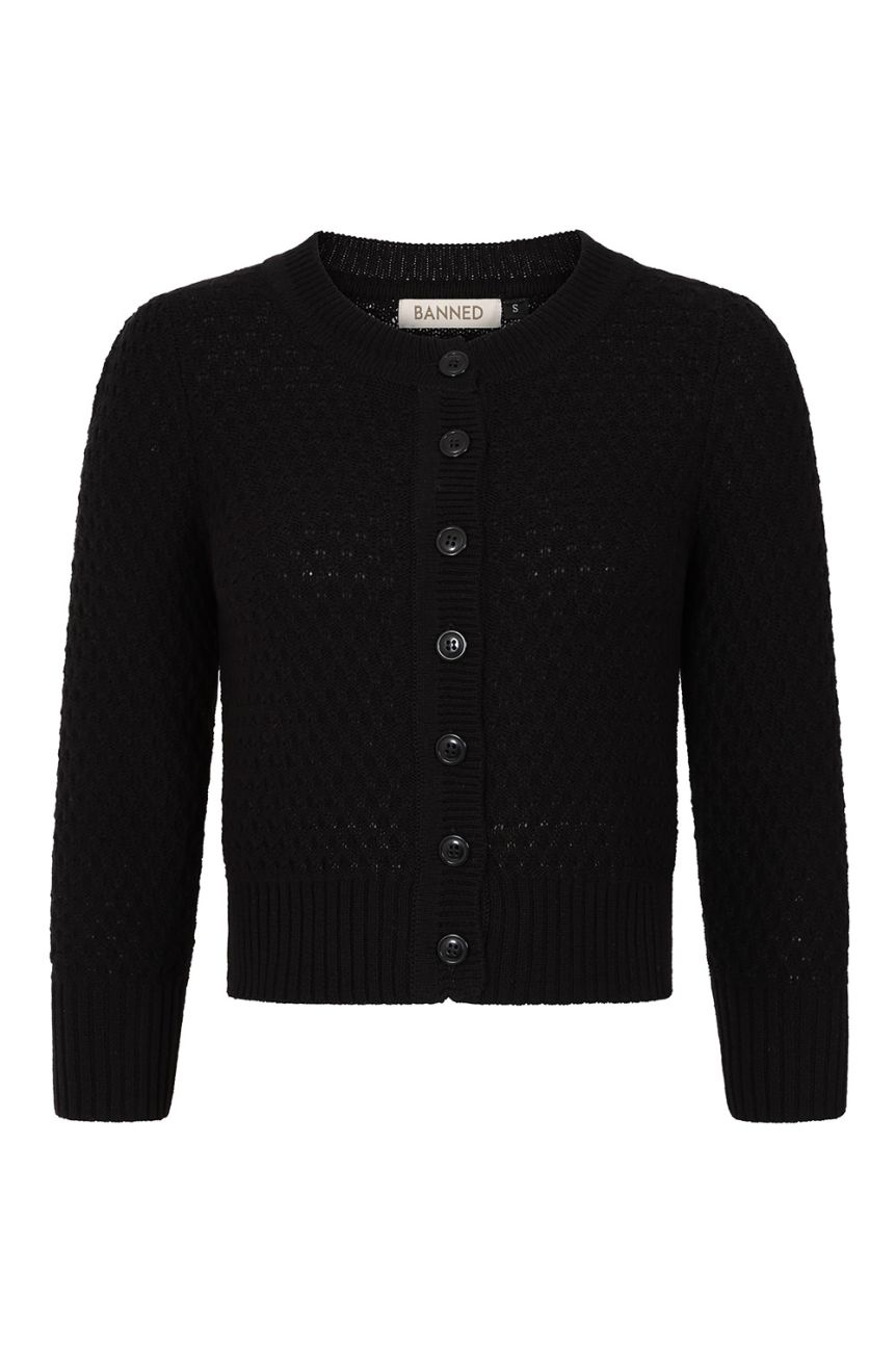 Cardigan vintage noir tricot fantaisie ajoure coton manches trois-quarts