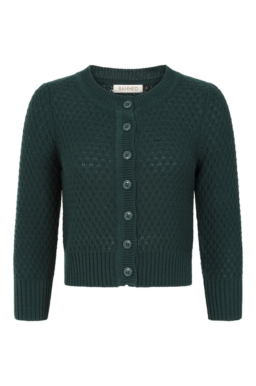 Cardigan vintage kaki tricot fantaisie ajoure coton manches trois-quarts