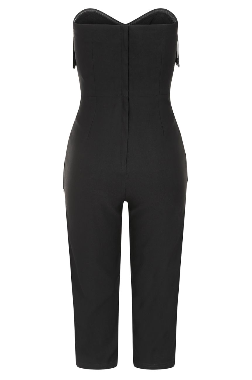 Combinaison Las Vegas noire bustier franges poches jambes courtes glamour