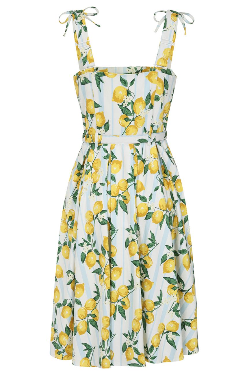 Robe dolce vita citrons blanc jaune bretelles epaules jupe swing elegant