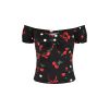 Top pin-up noir cerises rouges pois blancs epaules nues manches courtes