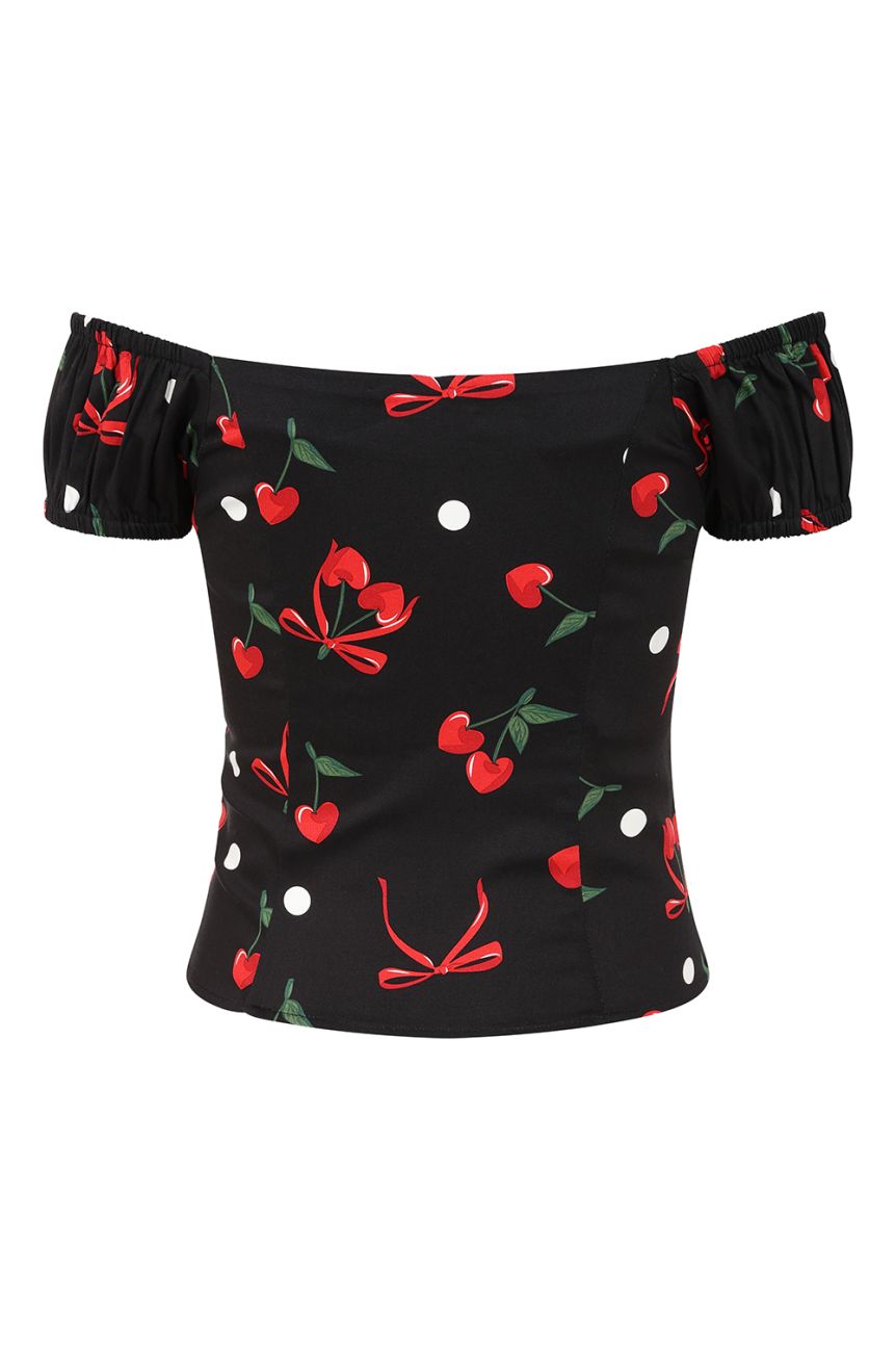 Top annees 50 noir cerises noeuds rouges bardot bouffant pin-up elegant
