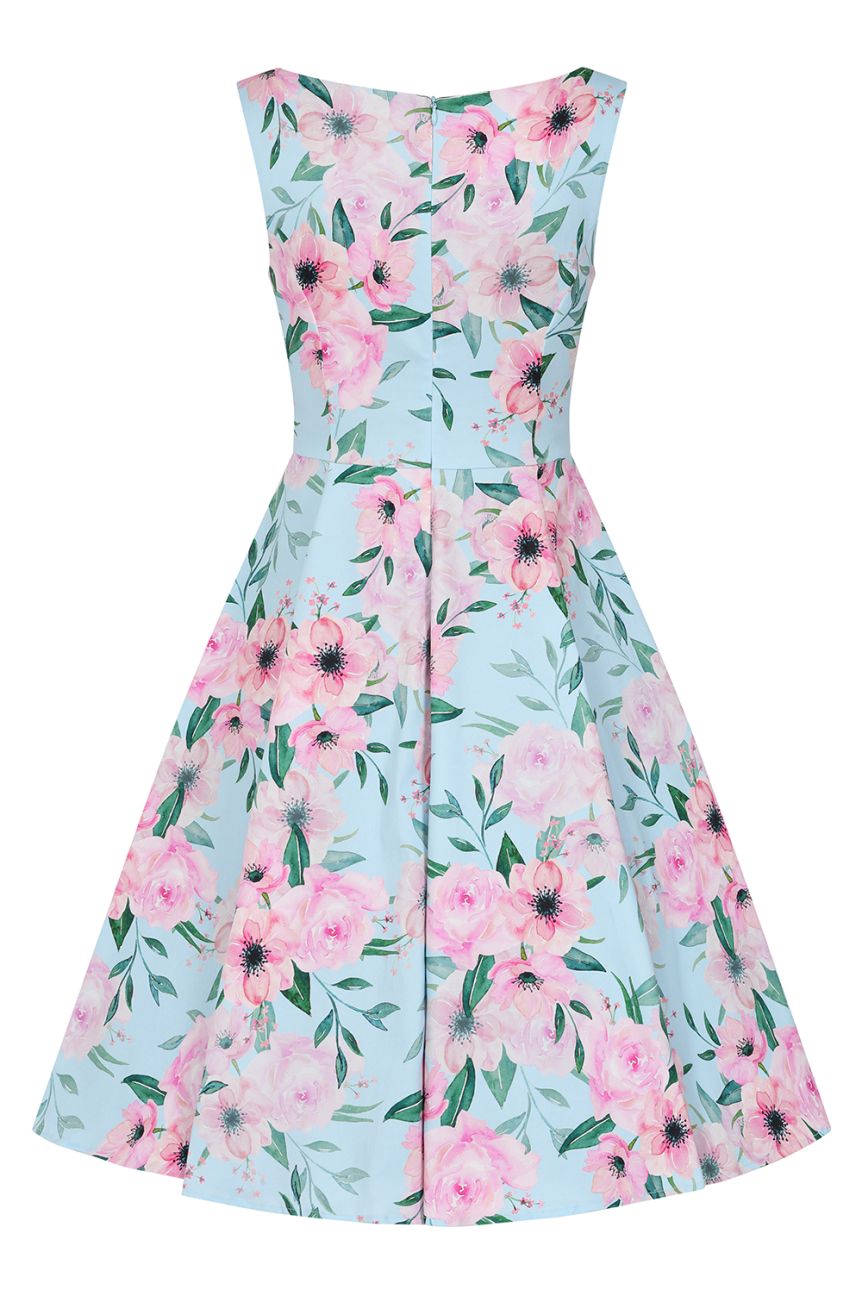 Robe swing bleu ciel jardin printanier fleurs roses bretelles pin-up retro