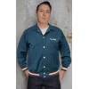 Veste coach rockabilly bleu pétrole Rumble59, manches longues avec poignets élastiques rayés rouge et crème, coupe décontractée 