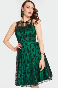 Robe vert forêt dentelle noire encolure illusion jupe evasee vintage