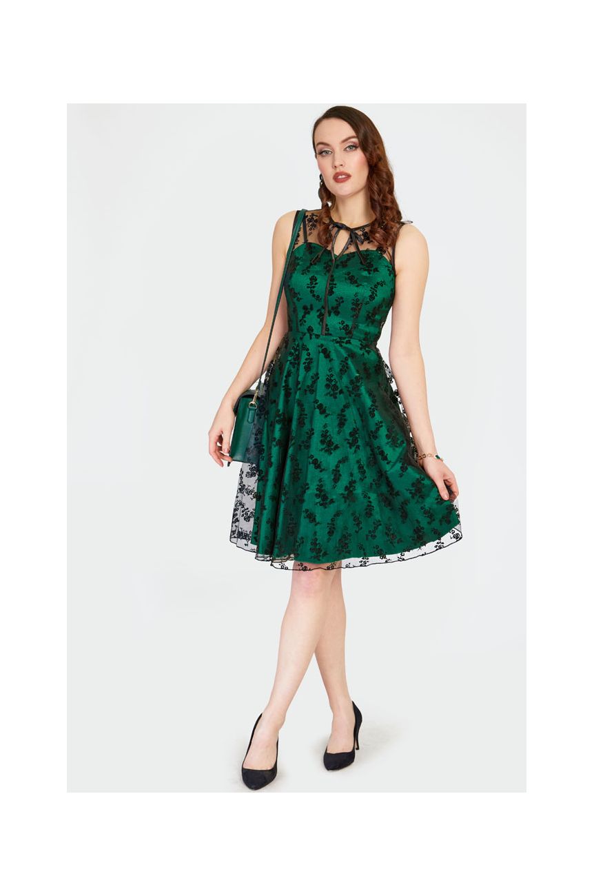 Robe vert forêt dentelle noire transparente cou bretelles sophistiquée retro