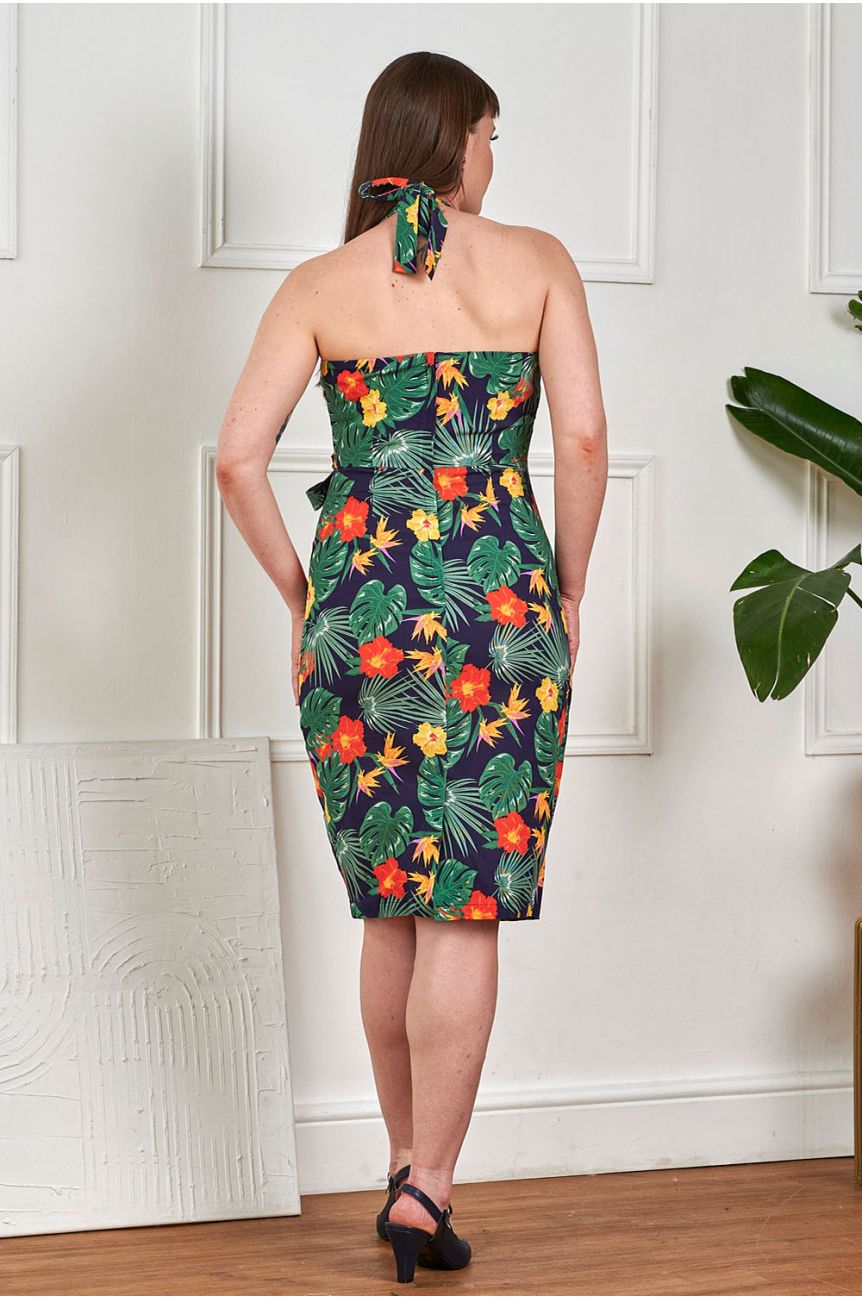 Robe exotique navy fleurs oiseaux paradis halter dos nu crayon vintage