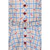 Robe pin-up gingham bleu blanc cerises rouges boutonnage frontal annees 50