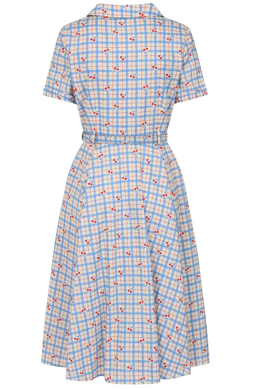 Robe chemise vintage bleu gingham cerises rouges ceinture elegant pin-up