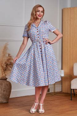 Robe chemise carreaux bleu blanc cerises rouges ceinture jupe evasee vintage