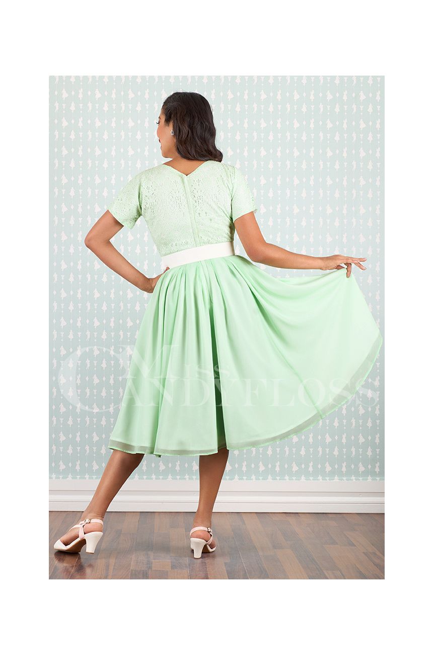 Dos robe menthe dentelle fermeture zip jupe swing double mousseline Miss Candyfloss