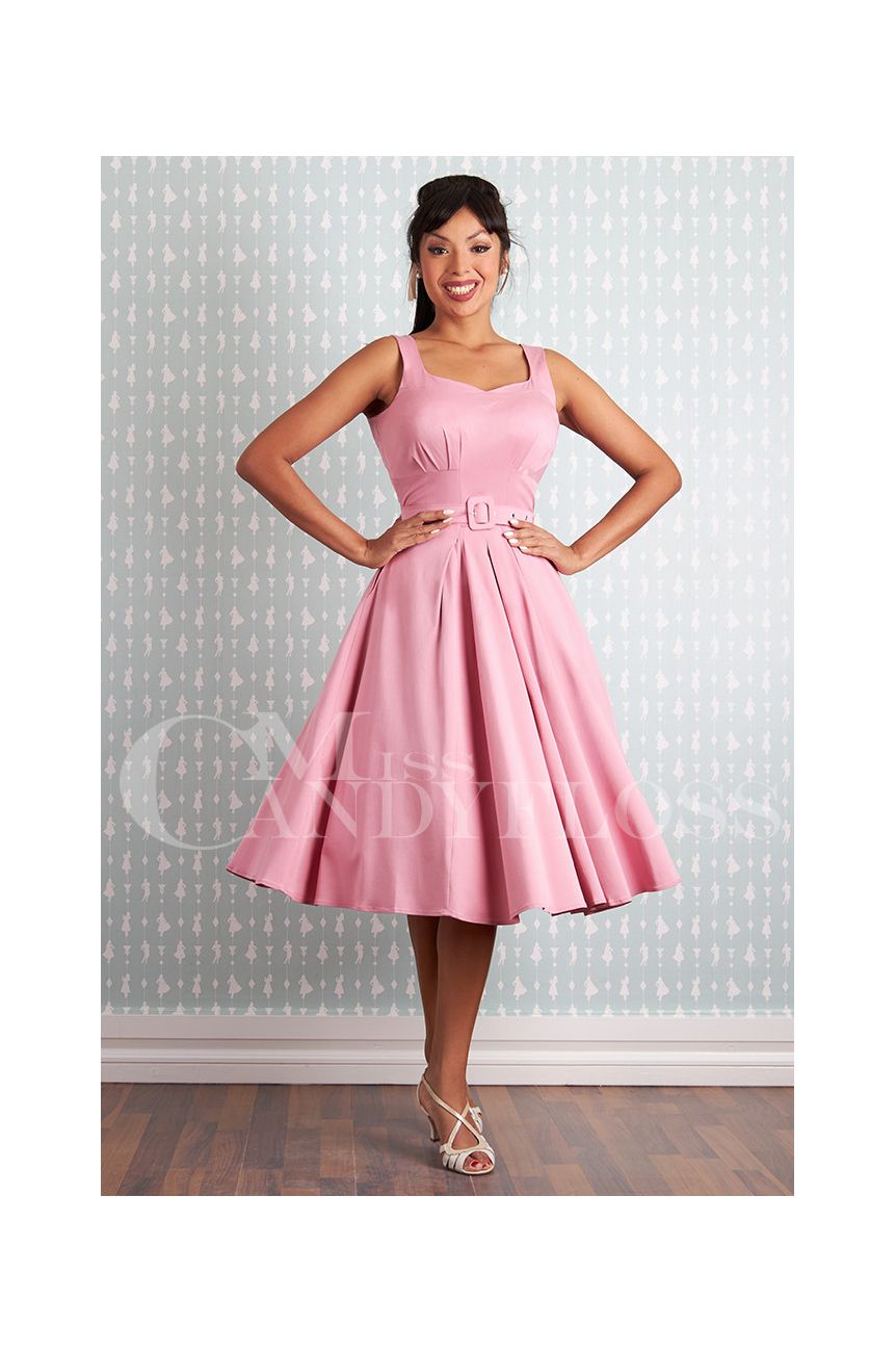 Robe pin-up rose uni swing mouvement jupe ample ceinture rockabilly vintage 50s