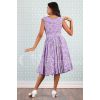 Dos robe swing Miss Candyfloss viscose fleurie violette, fermeture zippée et jupe évasée plissée style années 50