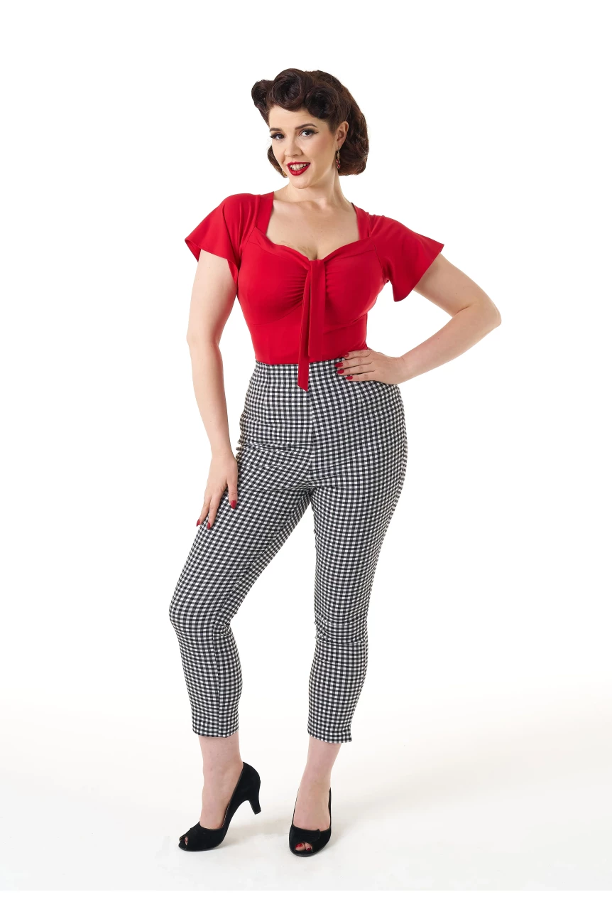 Pantalon motif carreaux noir blanc taille haute coupe ajustee retro