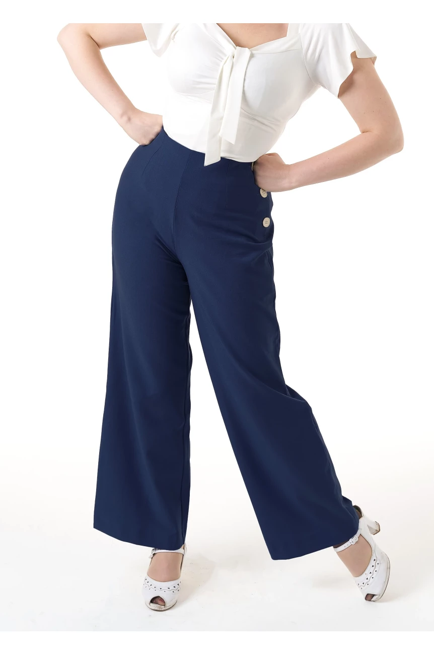 Pantalon Prettry Retro vintage bleu taille haute trois boutons lateraux retro