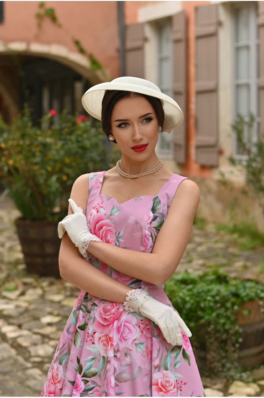 Dos robe rose fleurie bretelles larges taille marquee jupe swing romantique retro