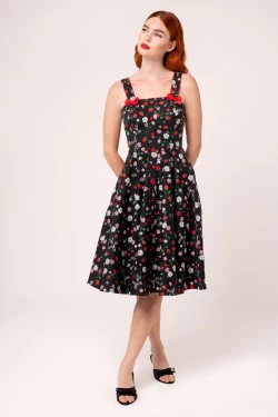 Robe ete noire fraises marguerites libellules coton swing poches Hell Bunny vintage