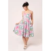 Robe rose patchwork tropical hibiscus palmiers swing bretelles noeuds Hell Bunny vintage