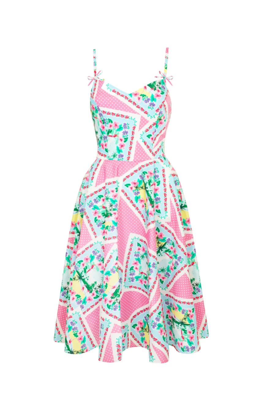 Robe Hell Bunny rose pois bleu tropical jupe swing ample poches style vintage ete