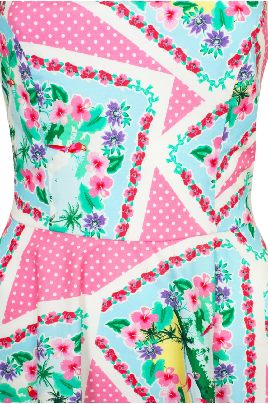 Robe ete vintage rose bonbon bleu ciel tropical swing poches Hell Bunny rockabilly