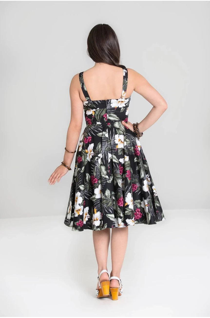 Robe pin-up noire imprime tropical hibiscus feuilles palmier jupe swing coton annees 50