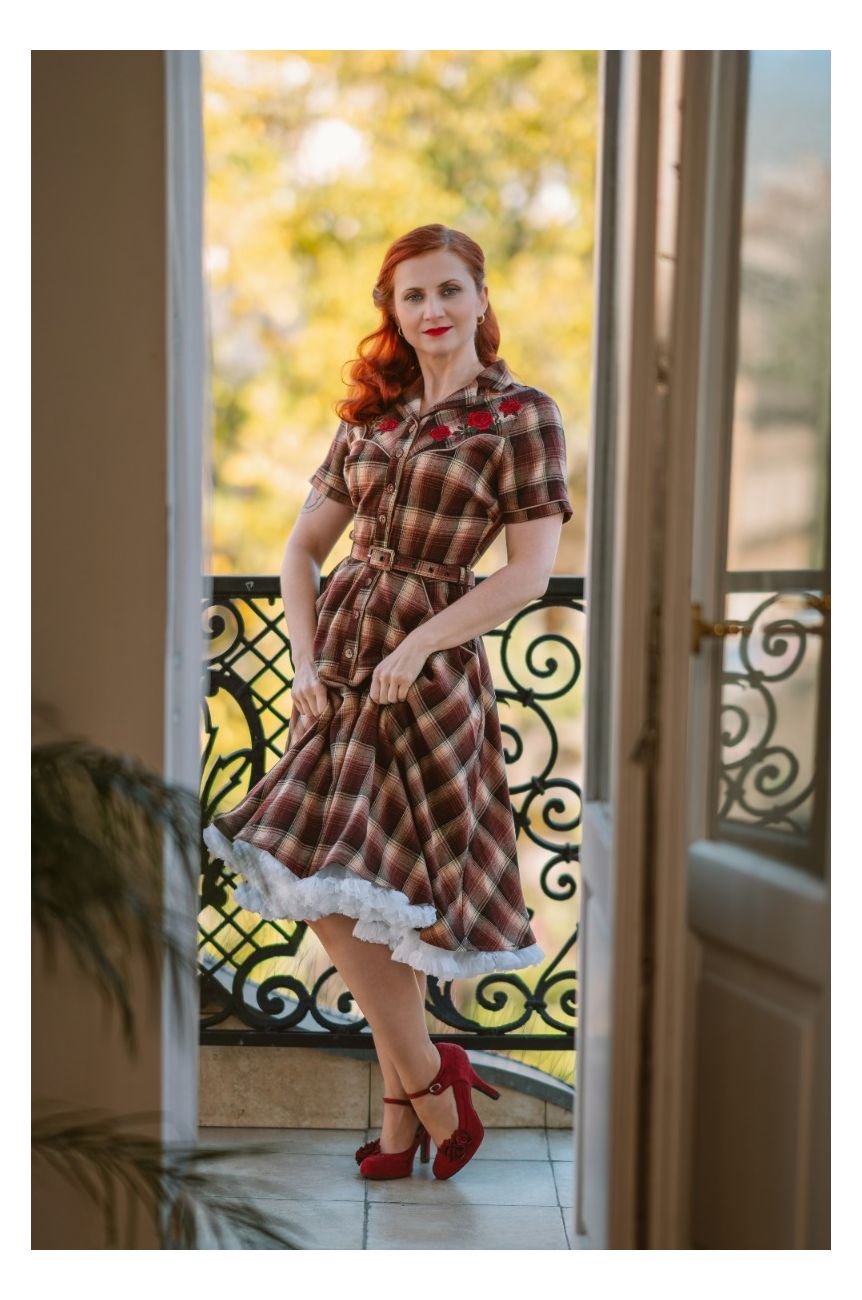 Robe chemise carreaux brun bordeaux beige roses rouges brodees col western pin-up retro