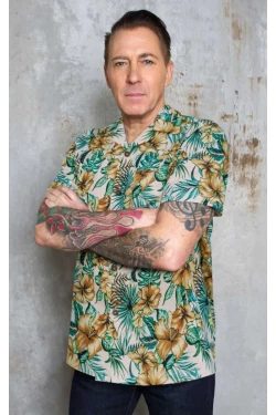 Chemise hawaienne hibiscus dore vert tropical col cubain boutons coco Rumble59 rockabilly