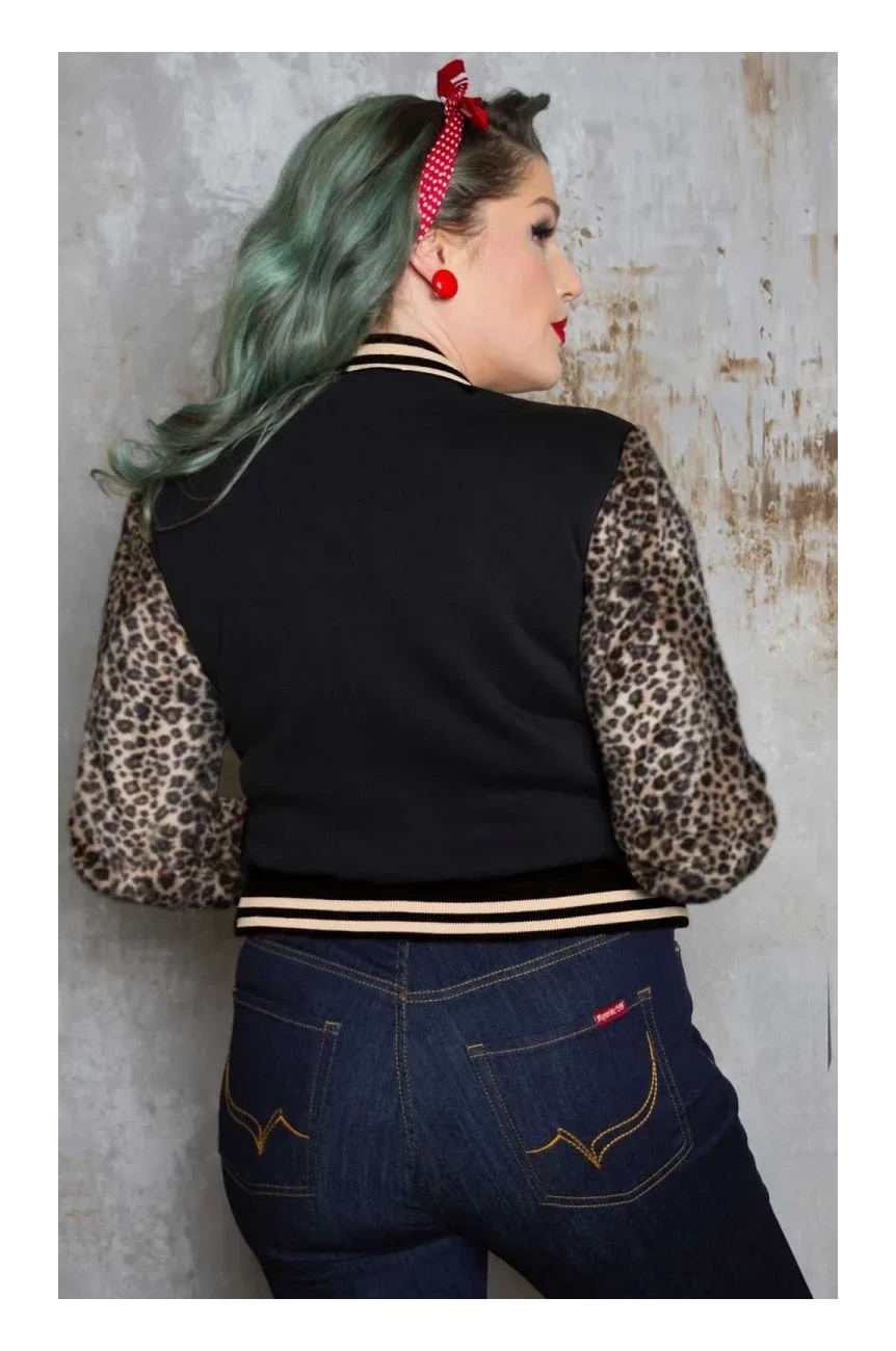 Dos veste college noire manches leopard velours panne Rumble59 rockabilly pin-up retro