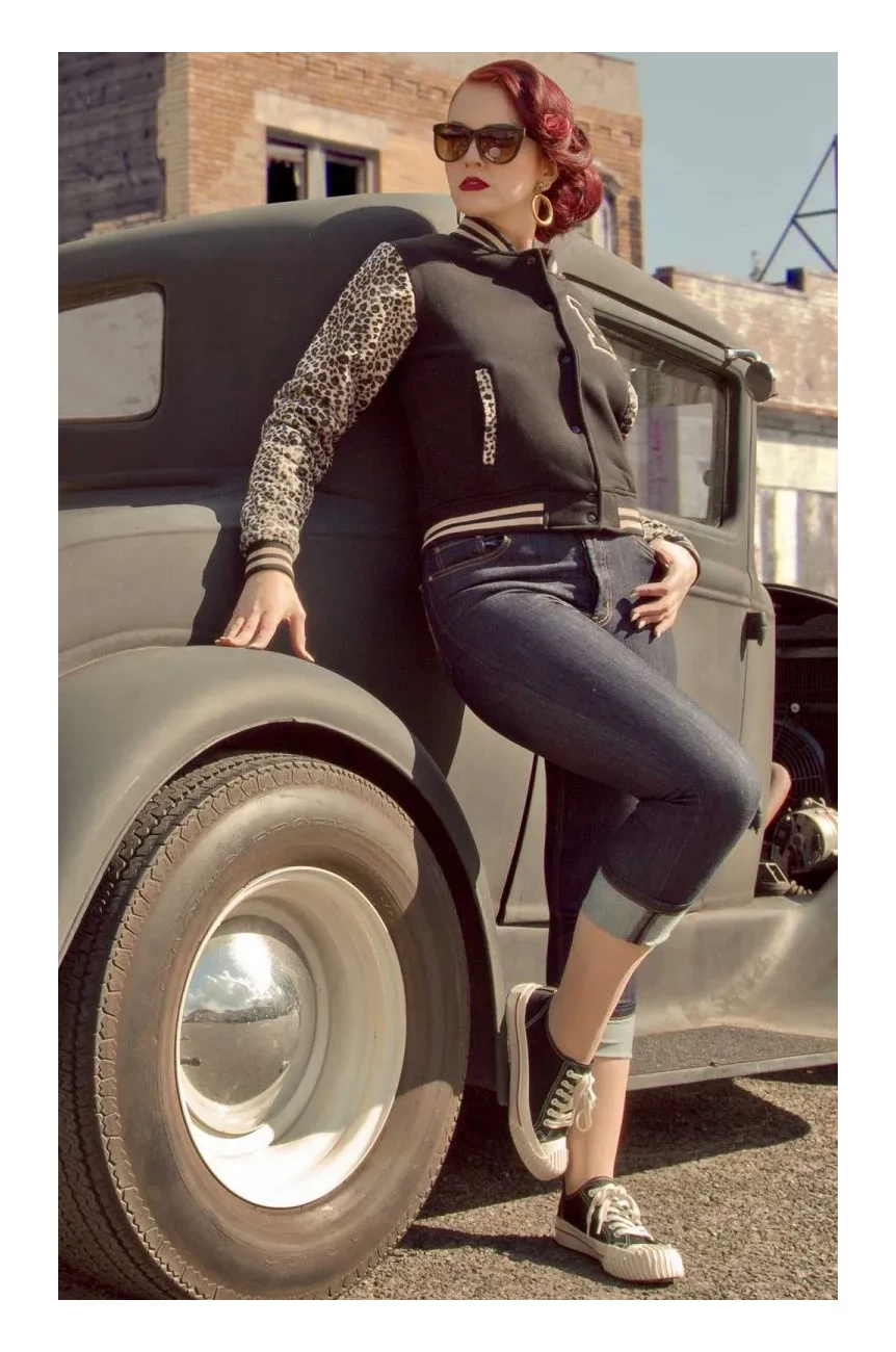 Veste teddy noire leopard velours panne boutons pression bandes cotes Rumble59 retro