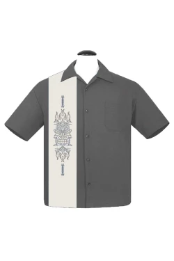 Chemise bowling charcoal panneau stone tiki flammes brode Steady Clothing Made USA rockabilly