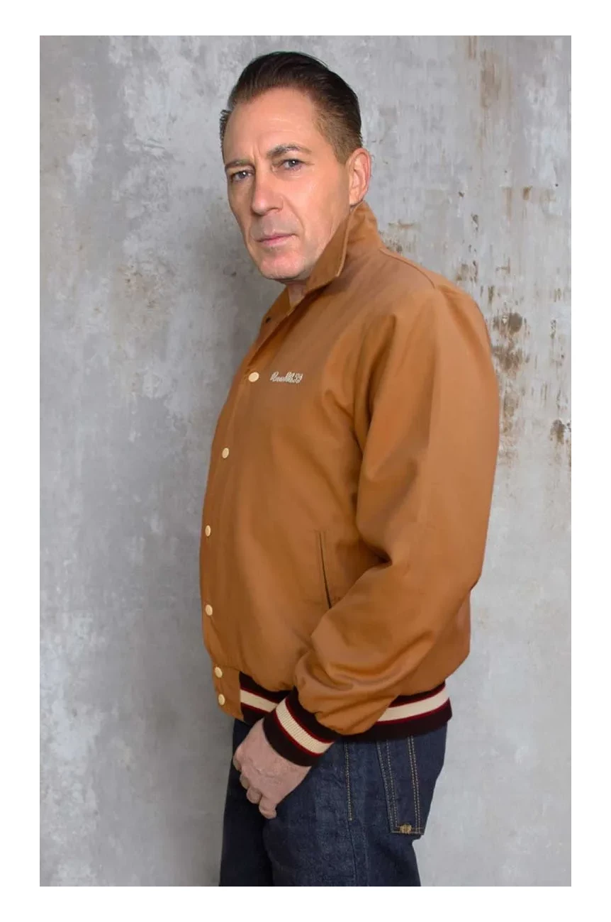 Veste car club jacket ocre broderie Popeye gear head eating spinach burning rubber retro
